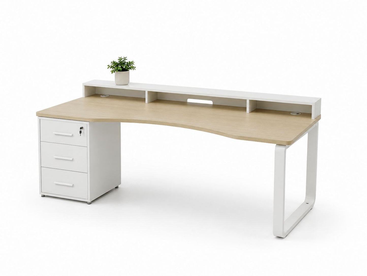 Biurko narożne z szufladami i półkami, MDF i stalowe, 140cm x 60cm x 75cm, Biały/Dąb