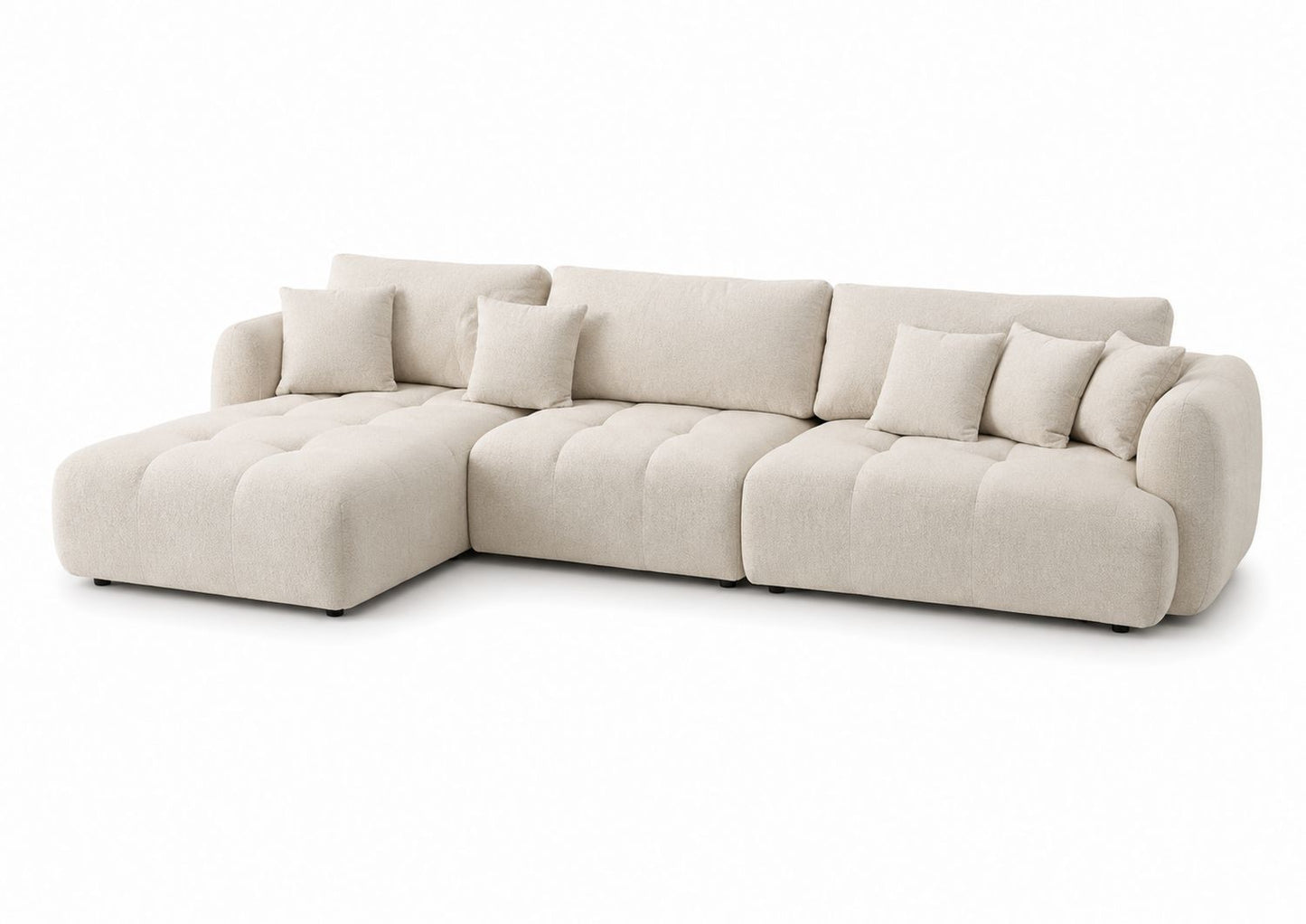 Narożna sofa z tkaniny z beżowymi poduszkami