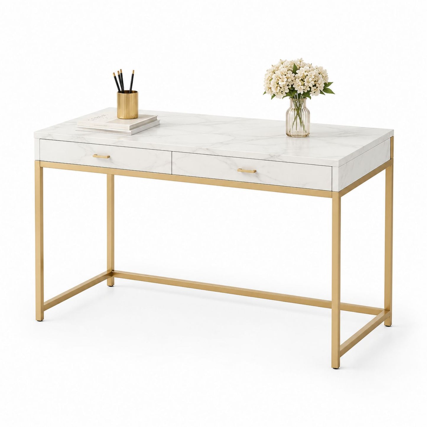 Biurko z marmurowym blatem i metalową ramą 120 cm Biały/Złoty