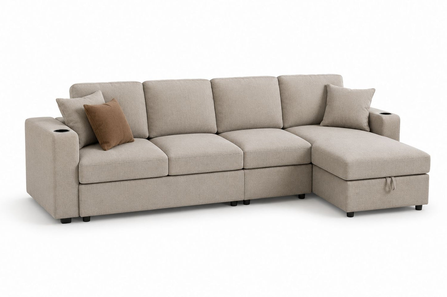 Sofa narożna z tkaniny z pufą i poduszkami, Beżowy, 250 cm