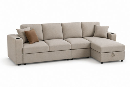 Sofa narożna z tkaniny z pufą i poduszkami, Beżowy, 250 cm