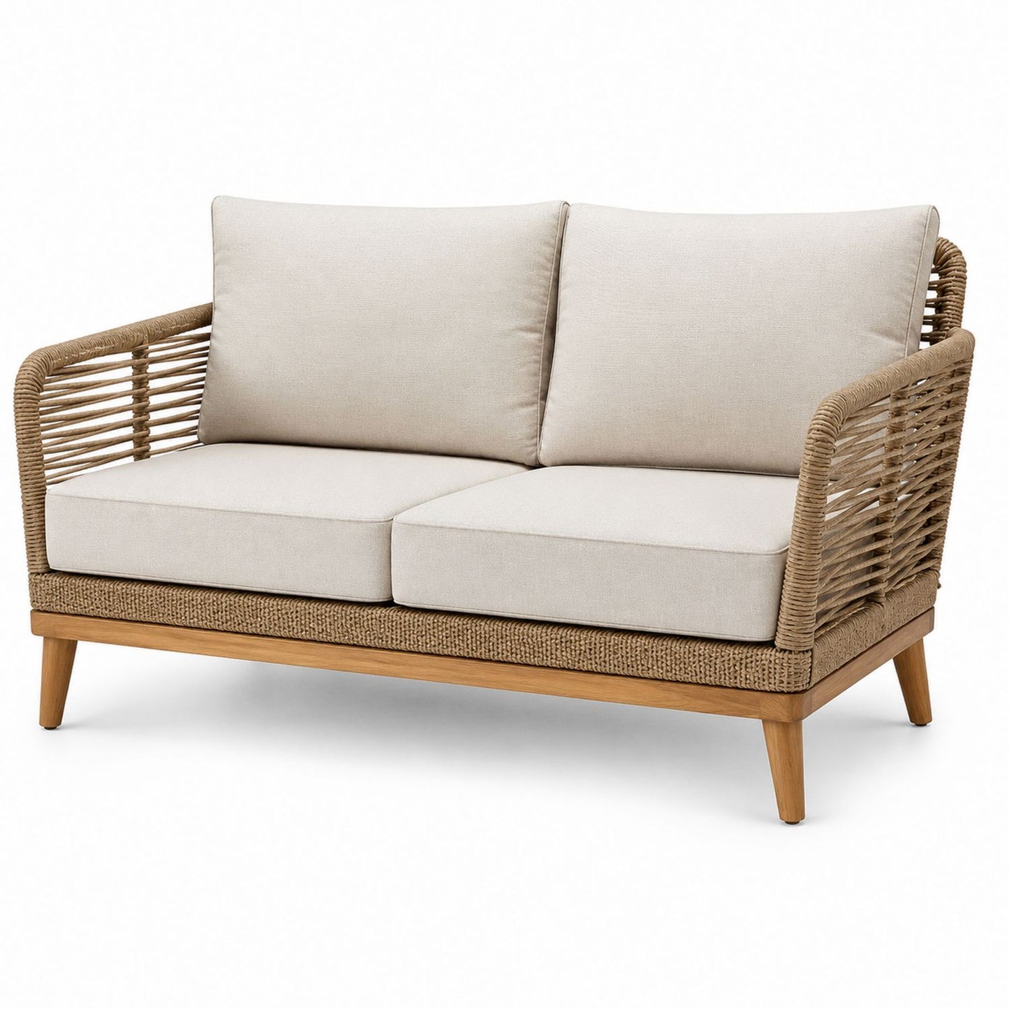 Dwuosobowa sofa z drewna teak i rattanu, Beżowa