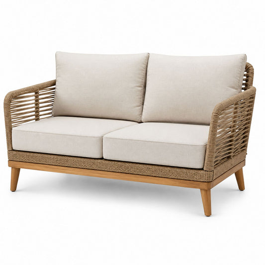 Dwuosobowa sofa z drewna teak i rattanu, Beżowa