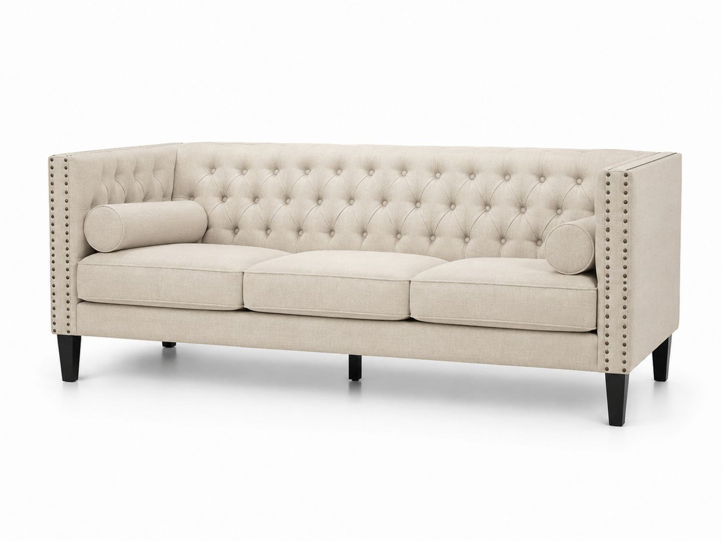 Sofa 3-osobowa z tkaniny lnianej z nogami z drewna bukowego