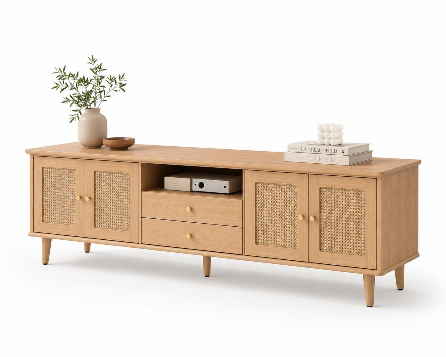 Drewniana szafka RTV z rattanowymi frontami 180x45x50 cm
