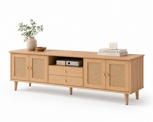 Drewniana szafka RTV z rattanowymi frontami 180x45x50 cm