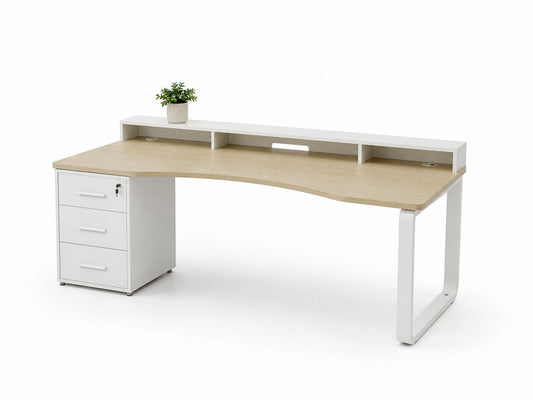 Biurko narożne z szufladami i półkami, MDF i stalowe, 140cm x 60cm x 75cm, Biały/Dąb
