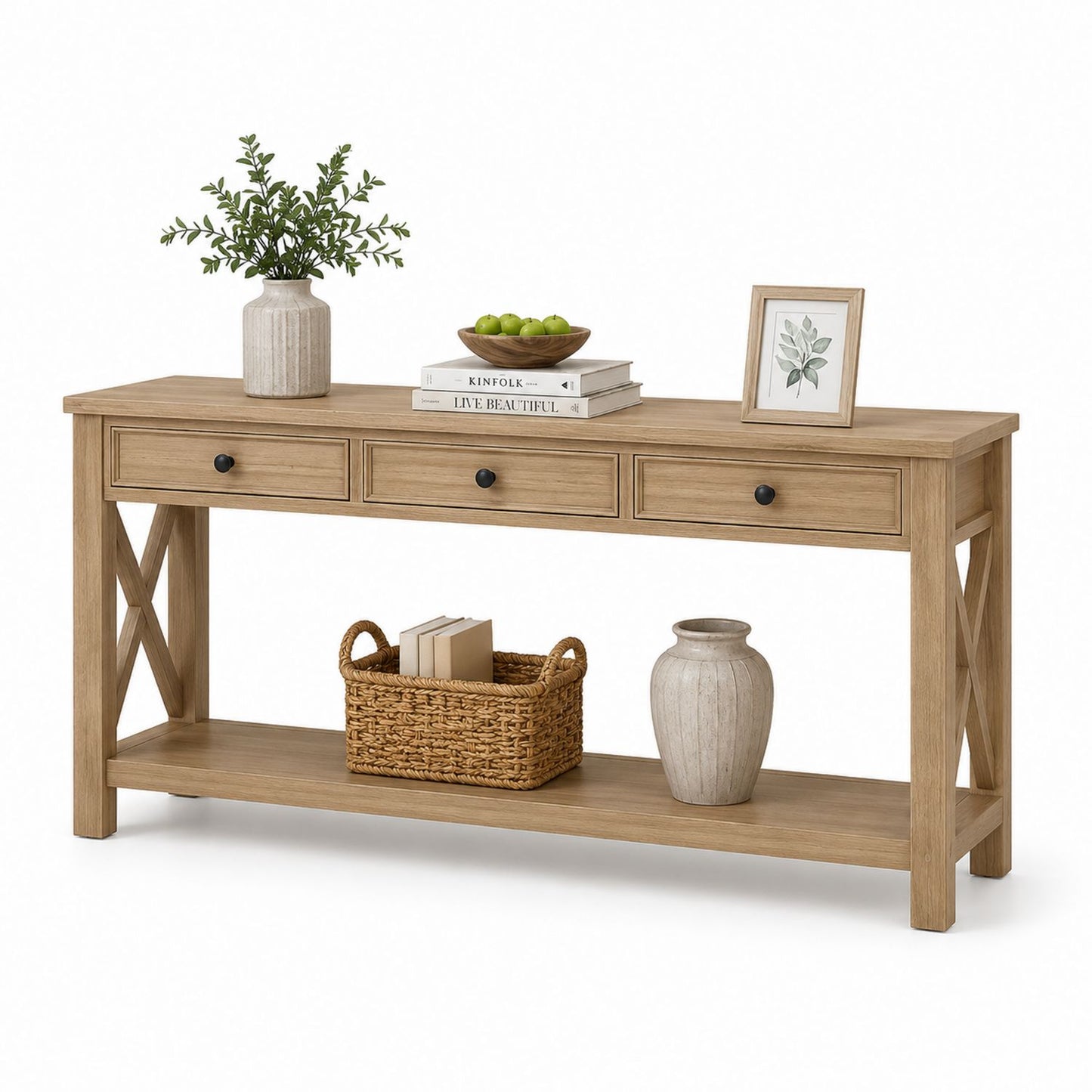 Konsola drewniana z trzema szufladami 120 cm Dąb